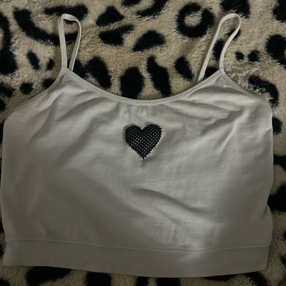 White Crop Top with Black Polka Dot Heart Design